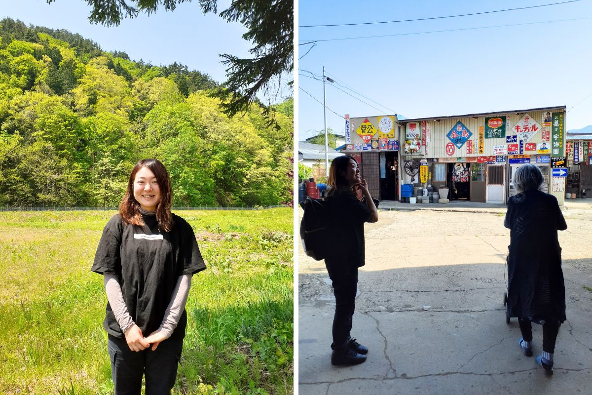 ▲一人目として滞在中の現代美術家・佐藤香さん。七ヶ宿町で採取した土を使って客室の壁画を製作中。    